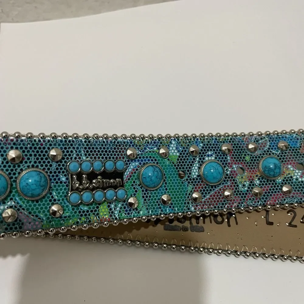 b.b. Simon Swarovski Rhinestone Embellished Blue Leather Belt With Studs L